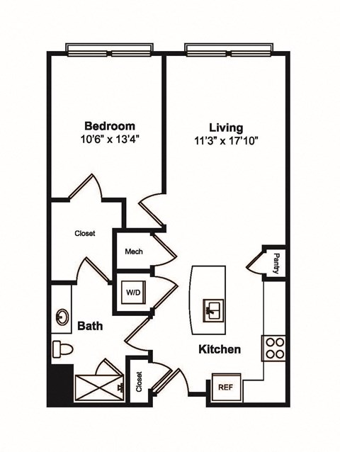 Floor plan for 1 bed, 1 bath, 778 sqft